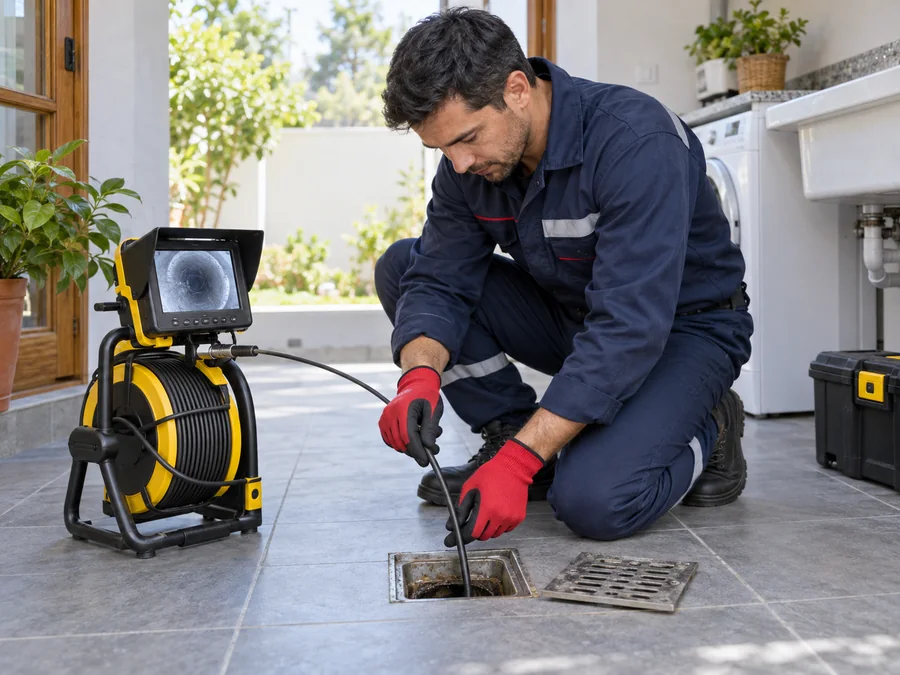 Técnico inspeccionando un desagüe domiciliario