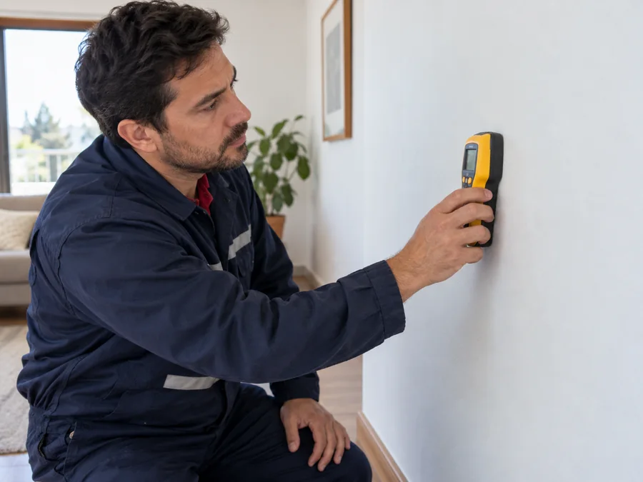 Técnico midiendo humedad en un muro interior